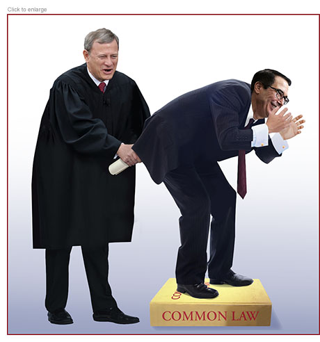 Chief Justice Roberts shoves Trump’s taxes up the backside of Treasury Secretary Mnuchin who is standing on a book of Common Law