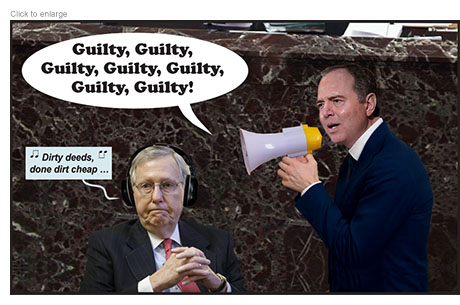 At the Senate Impeachment Trial Adam Schiff uses a megaphone to call Trump guilty as Mitch McConnell wears headphones and listens to DIrty Deeds Done Dirt Cheap