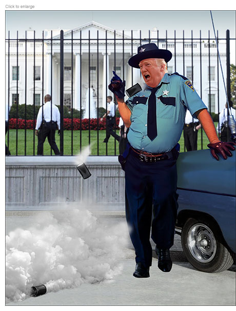 Trump as a racist Southern sheriff stahnding outside of the White House launches tear gas from his mouth