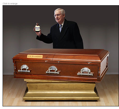Mitch McConnell offering smelling salts to the U.S. economy in a coffin