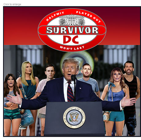 Spoof of the Survivor reality TV show with Donald Trump at the podium for the Republican National Convention and his family supporters behind him dressed like contestants. They include Kimberly Guilfoyle, Ivanka, Jared Kushner, Eric, Melania and Don Jr.