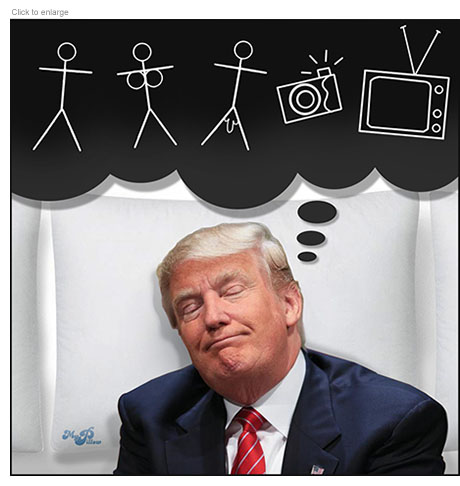 Photo illustration of sleeping Donald Trump lying back on a My Pillow dreaming the cognition test sequence of Person, Woman, Man, Camera, TV in crude drawings.