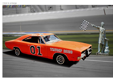 Trump drives the General Lee car from The Dukes of Hazzard in the 2020 presidential race as a statue of CSA President Jefferson Davis waves the checkered flag