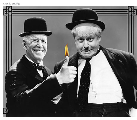 Spoof with Joe Biden, thumb aflame, and Boris Johnson as silent screen comics Laurel and Hardy.