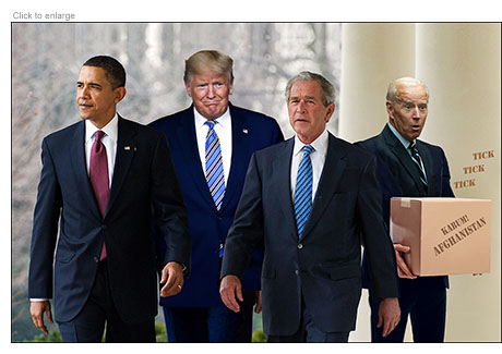 Presidents Obama, Trump and Bush stride away leaving a worried Joe Biden holding a ticking box marked Kabum! Afghanistan.