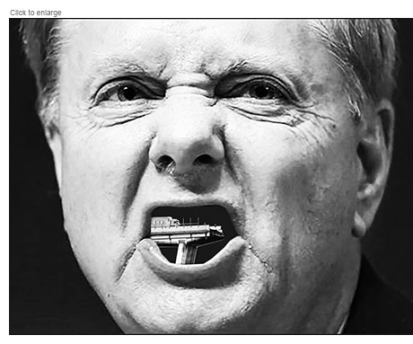 Closeup of Senator Lindsay Graham's face with an uncompleted bridge with a GOP truck on it in his mouth.