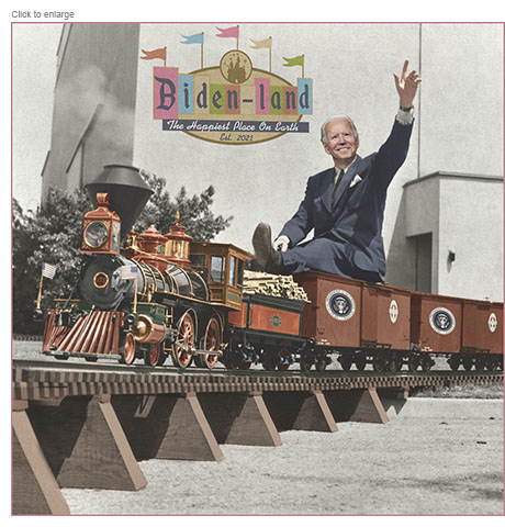 Joe Biden riding an amusement park small-scale train like Walt Disney as he waves while passing a Biden-Land sign.