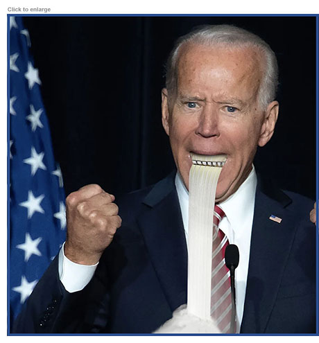 President Joe Biden opens his mouth to make an emphatic point and a waterfall from a dam's overflow pours out of his mouth.