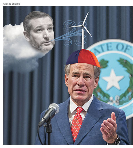 Texas Governor Greg Abbott at a news conference blaming his state's winter blackouts on alternative energy while he wears a beanie with a wind turbine atop it and Ted Cruz in the form of a cloud blows at it.