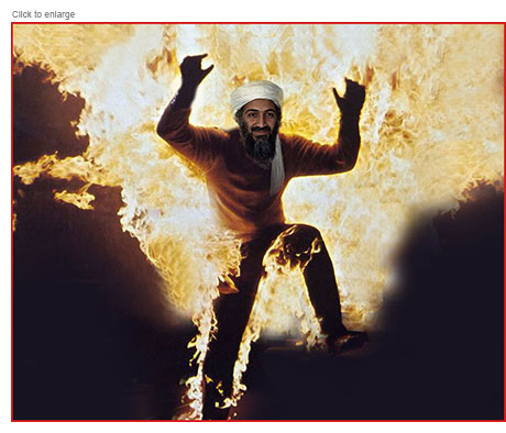 Osama bin Laden on fire dancing in Hell as he celebrates the US withdrawal from Afghanistan.