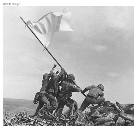 Spoof of the classic Iwo Jima flag-raising photo with the US troops supporting a white flag for Afghanistan.