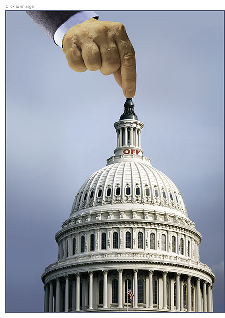 The big hand of Congress poised to flip anoff switch atop the Capitol Dome.