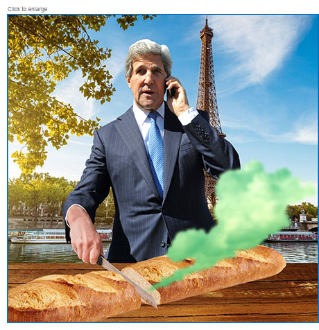 In Paris Climate Envoy John Kerry cuts a baguette in half and releases a cloud of greenhouse gas.