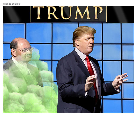 Indicted CFO Allen Weisselberg is enveloped in a green cloud of Donald Trump's exhaust.