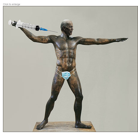 Joe Biden as the statue Poseiden of Artemesium holding a vaccine syringe and wearing a face mask over his privates.
