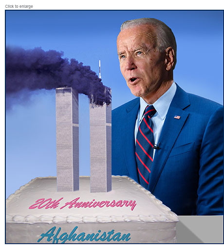 President Biden blows out the Twin Towers 'candles' on a 20th Anniversary in Afghanistan cake.