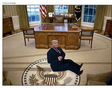 Donald Trump exiting Oval Office by dragging his backside like a dog along the carpeted floor with its Presidential Seal.