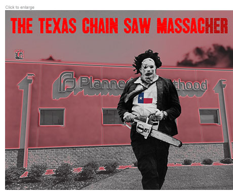 Spoof of the film The Texas Chain Saw Massacre with Leatherface running from a Planned Parenthood clinic beneath the title The Texas Chain Saw MassacHer.