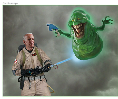 President Joe Biden as Ghostbuster Venkman zapping Slimer holding Ghost Gun.