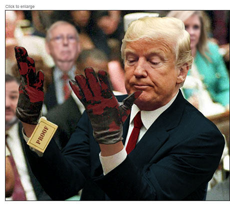 Donald Trump in the pose of OJ Simpson looking at his bloody gloves which are labeled Proof with Ted Cruz, Mitch McConnell and Marsha Blackburnin the courtroom behind him. 