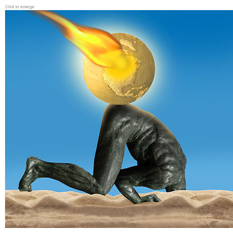 A sculpture of Atlas with his head in the sand and a burning planet Earth balanced on his backside.