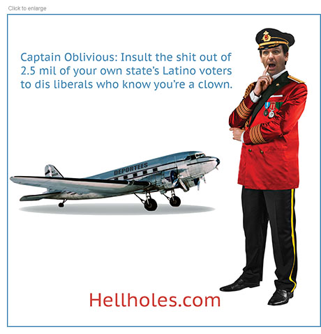 Florida Governor Ron DeSantis in a spoof ad for Hellholes.com where he's standing in front of an old prop plane marked Deportees wearing a Captain Obvious costume next to a tagline which reads: Captain Oblivious: Insult the shit out of 2.5 mil of your own state's Latino voters to dis liberals who already know you're a clown.
