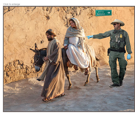 Joseph and a pregnant Mary on a donkey are escorted away from Bethlehem by a US Border patrol officer in a satire on Title 42 being protected by the Supreme Court.