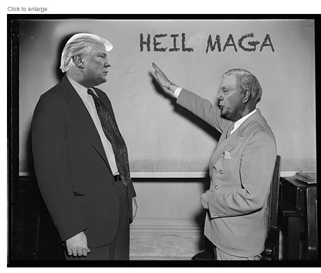 Spoof of a vintage photo of a HUAC witness saluting a committee member with Senator Lindsey Graham offering a Sieg Heil salute to Donald Trump in front of a board that has MAGA HEIL written on it.