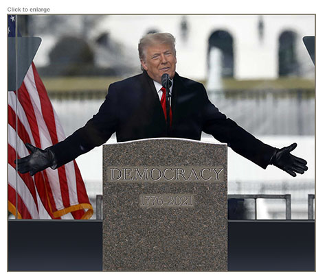 Donald Trump gives his notorious January 6 speech as a eulogy standing over a tombstone that read Democracy, 1776-2021.