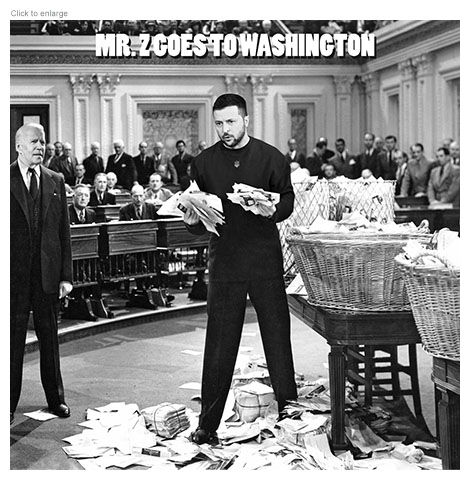 Spoof of the film Mr. Smith Goes to Washington retitled Mr. Z Goes to Washington with Ukrainian President Zelensky in the Jimmy Stewart role shuffling papers on the Senate Chamber floor as Joe Biden looks on.