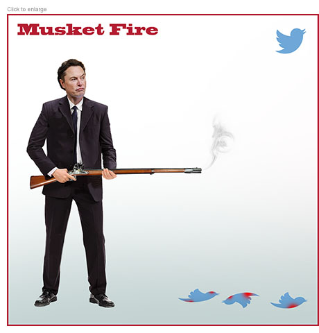Under the title Musket Fire, Elon Musk holds a smoking musket and looks up at a flying Twitter bird logo as three other bloodstained ones lay dead on the ground below.
