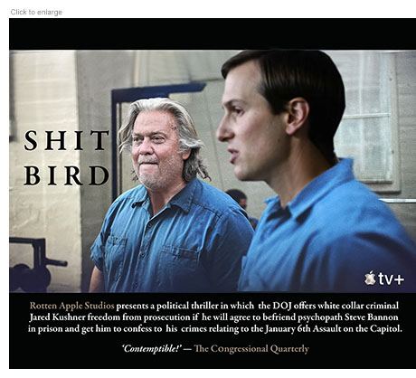 Spoof of the TV series Black Bird entitled Shit Bird with Steve Bannon in the role of the psychopathic prisoner and Jared Kushner as the inmate who is trying to get him to confess to his crimes relating to the January 6th Assault on the Capitol.