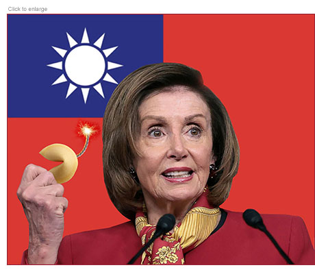 House Speaker Nancy Pelosi with the Taiwanese flag behind her smiles  as she holds a Chinese fortune cookie with a lit fuse sticking out of it.