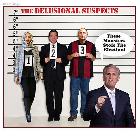 Spoof of the film The Usual Suspects with Representatives Ilhan Omar, Erik Swalwell and Adam Schiff standing in a police lineup as potential Republican Speaker of the House Kevin McCarthy  angrily exclaims 'These monsters stole the election!' under the title The Delusional Suspects.