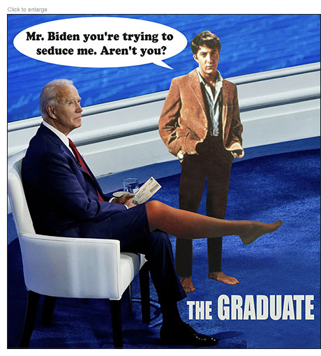 Spoof of the fim The Graduate with the character Benjamin Braddock (Dustin Hoffman) saying "Mr. Biden you're trying to seduce me. Aren't you?" while standing beside a seated President Joe Biden who is holding a  student debt forgiveness check and swinging his stockinged leg seductively.