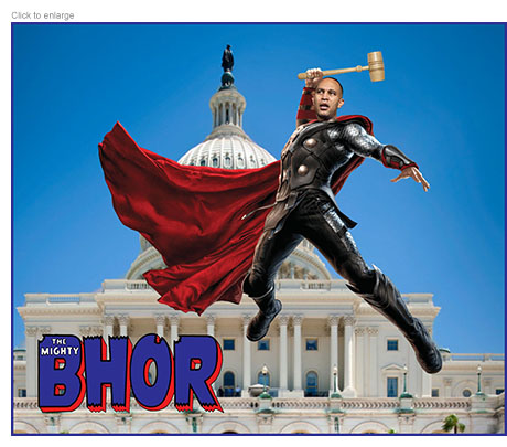 Spoof of the Mighty Thor with Minority Leader of the House of Representatives Hakeem Jefferies wielding his gavel as the Thunder God midair in front of the U.S. Capitol above the title The Mighty Bohr.