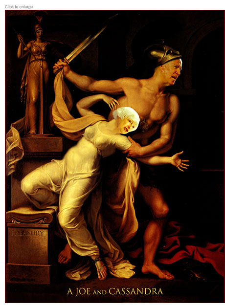 Spoof of the painting Ajax and Cassandra by Johann Heinrich Wilhelm Tischbein, 1806 retitled A Joe and Cassandra depicting President Joe Biden as Ajax dragging Treasury Secretary Janet Yellen after ignoring her warnings about the Debt Ceiling.