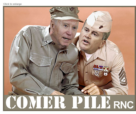 Spoof of the sitcom Gomer Pyle USMC retitled Comer Pile RNC depicting House Oversight Chairman for the Impeachment Inquiry James Comer in the role of Sarge getting in the face of President Joe Biden as Gomer Pyle who he is trying to nail.