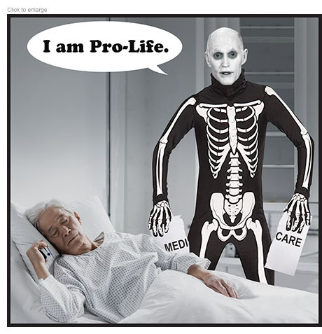 Republican Senator Rick Scott, in skull-like makeup and wearing a skeleton costume, looms over the hospital bed of an elderly Asian-American man and intones, "I am Pro-Life." as he tears apart a document that reads Medicare.