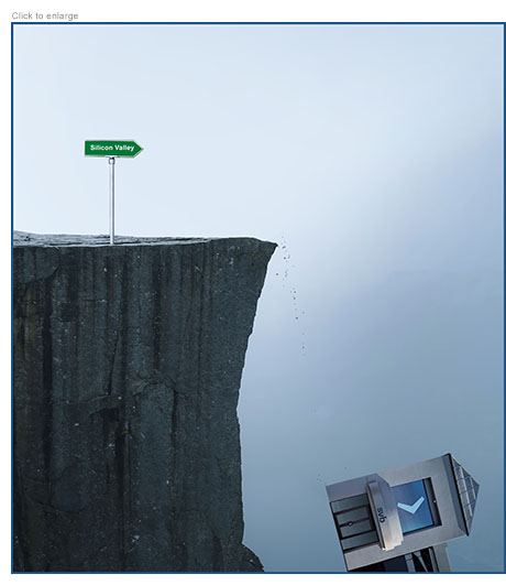 Photo-illustration of a branch of SVB bank falling off a high cliff that has a Silicon Valley arrow sign pointing to the chasm atop it.