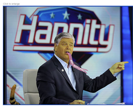 A satirical photo illustration  of Sean Hannity with greenish skin and reptile-like eyes sitting at his desk  and speaking lies with a big pinkish tongue with a forked end and the word FOX written on it.