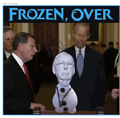Mitch McConnell as the Disney snowman Olaf stands immobile at the podium as Senate colleagues look on under the title Froze, Over.