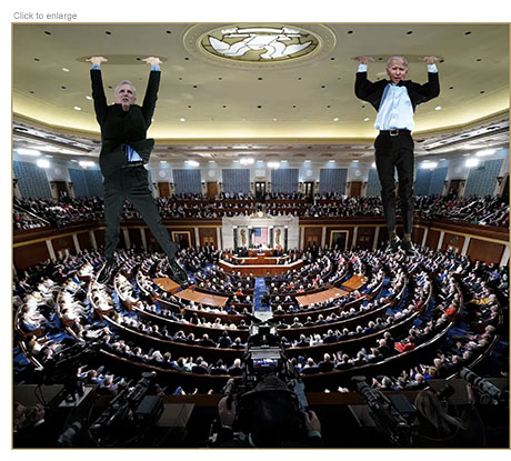 Photo-illustration of House Speaker Kevin McCarthy and President Joe Biden doing upside down head stands on the ceiling of the House of Representatives chamber symbolizing their awkward negotiations to get the debt ceiling raised.