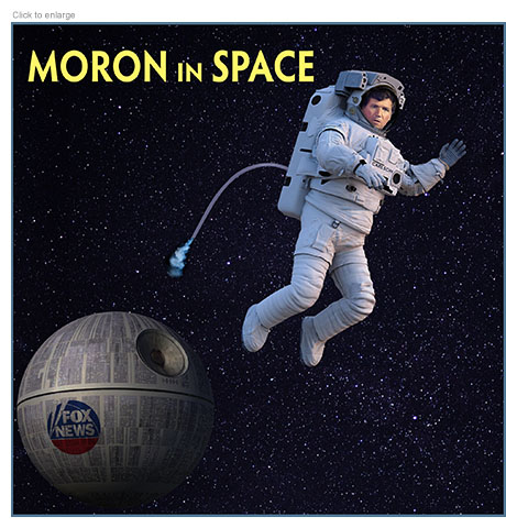 Photo-illustration of Tucker Carlson in an astronaut's suit floating in space with with his spacewalk cable cut  drifting away from the Death Star from Star Wars with a Fox News logo on it.