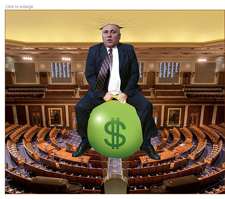 Majority Leader Steve Scalise rides a bouncy ball decorated with a big dollar sign all the way up to the top of the House Chamber where his head sticks in the ceiling.