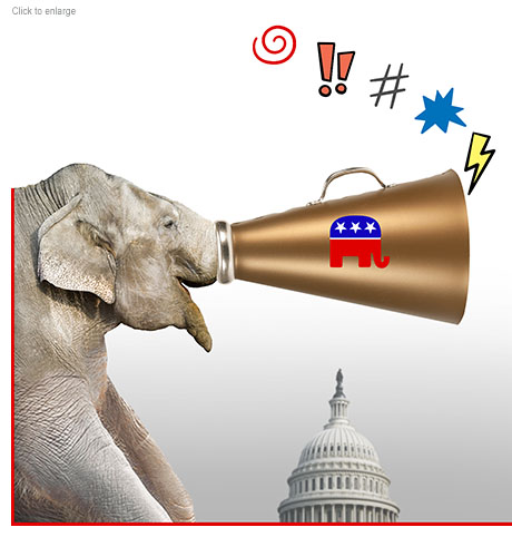 A satirical photo-illustration of a smiling Republican elephant  in profile in front of the Capitol dome with a trunk that has been transformed into a golden megaphone with the RNC logo on it. A string of comic book symbols for curse words are floating out of it.