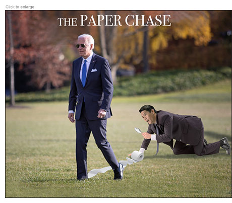 President Joe Biden walks along the White House lawn trailing a roll of toilet paper stuck to his shoe while Special Prosecutor Robert Hur crawls along behind him examining the roll with a magnifying glass.