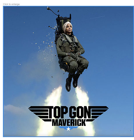 Spoof of Top Gun: Maverick  retitled Top Gon as Rep. Ilhan Omar is seen flying up in the air in a jet palne ejector seat representing her ouster from the House Foreign Affairs committee. 