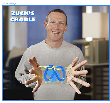 Photo-illutration of a smiling Mark Zuckerberg with his hands outstretched creating a cat's cradle from green string that represents his Threads social media platform which incorporates the Meta logo while ensnaring the Twitter logo under the title Zuck's Cradle