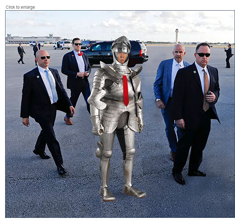 Satirical photo-illustration about protecting  presidential candidate Donald Trump showing him in medieval knight's armor wearing his signature red tie and with the visor up on his helmet. He's surrounded by Secret Service agents as he walks from his car to a plane on an airfield tarmac.